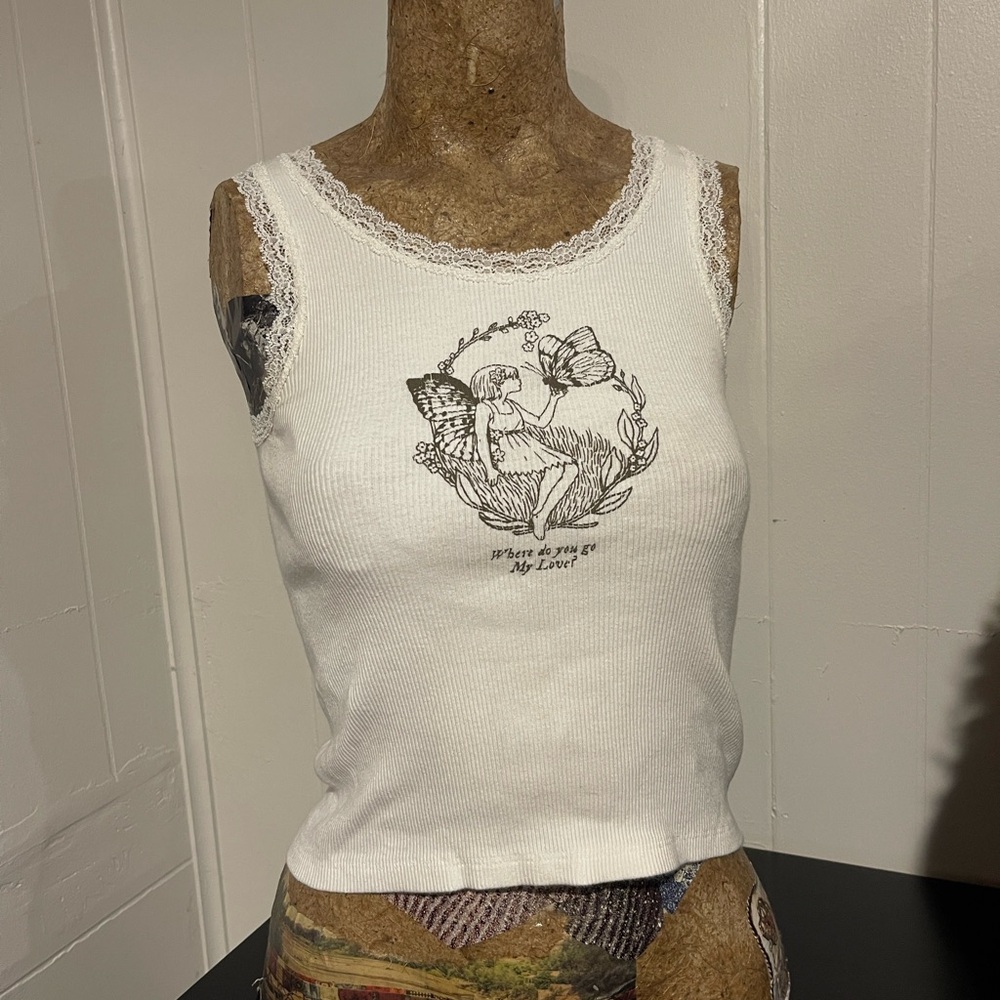 Brandy Melville White Graphic Lace Tank Top